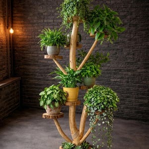 legno con bordo vivo - supporto per piante da interno - Flower Tree - Supporto per piante in legno rustico per l'arredamento della casa