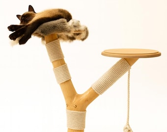 Tall Wooden Cat Tree: Modern Cat Scratcher Post with Toy