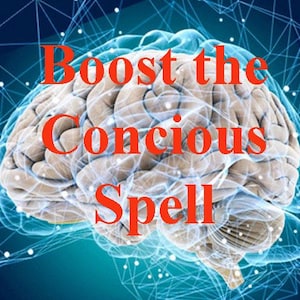 May include: A digital illustration of a human brain with the text "Boost the Conscious Spell" superimposed on it. The brain is rendered in a light gray color and is surrounded by a blue and white geometric pattern.