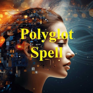 May include: Digital artwork showing a woman's profile with the words "Polyglot Spell" in yellow. Her hair is integrated with circuit board patterns and glowing orange and blue light effects, set against a dark background.