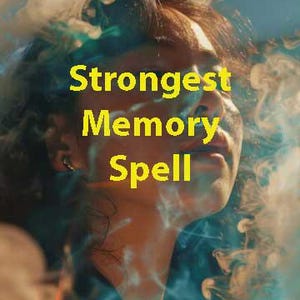 May include: A woman's face is partially obscured by swirling blue and white smoke. The text "Strongest Memory Spell" is superimposed over the image.