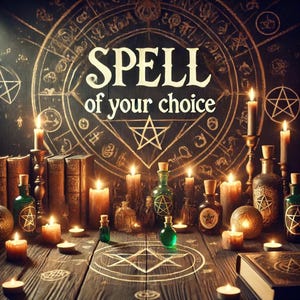 Könnte beinhalten: Ein dunkler Hintergrund mit einem Kreis aus Symbolen und den Worten "SPELL of your choice" in der Mitte. Es gibt Kerzen, Flaschen und andere Gegenstände, die um den Kreis herum angeordnet sind.