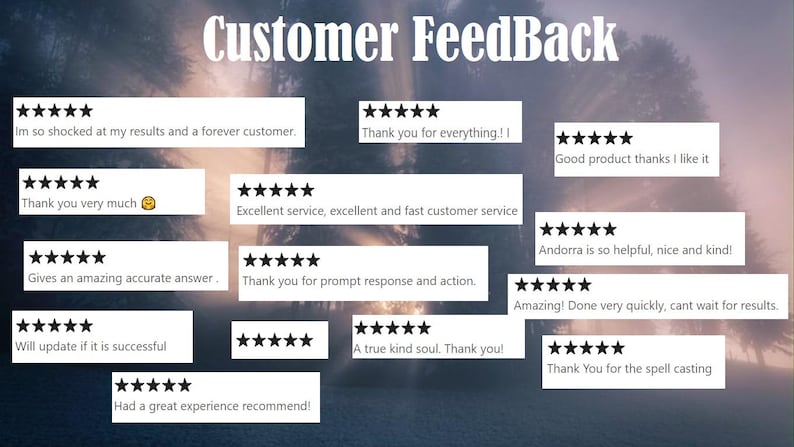 May include: A collage of customer reviews with five-star ratings and positive comments. The reviews highlight excellent service, fast delivery, accurate answers, and a kind and helpful experience.