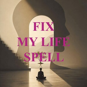 Puede incluir: Una obra de arte digital que muestra la silueta de una persona sentada en posición de meditación ante un gran arco con forma de perfil de cabeza humana. El texto FIX MY LIFE SPELL está centrado en magenta. Se ve un pequeño árbol.