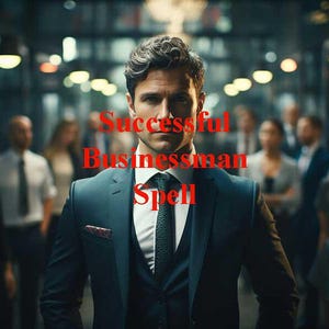 May include: A man wearing a dark blue suit and a white shirt with a dark blue tie stands in a dimly lit room. The text "Successful Businessman Spell" is superimposed on the image.