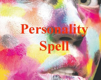 Puede incluir: Primer plano de la cara de una persona con salpicaduras de pintura de colores. El texto "Personality Spell" está escrito en letras rojas.
