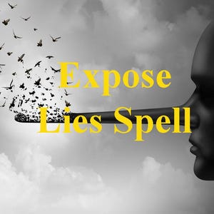 Puede incluir: Una imagen en blanco y negro de una persona con una nariz larga. La nariz está extendida y los pájaros vuelan desde el extremo de la nariz. El texto "Expose Lies Spell" está escrito en la nariz.