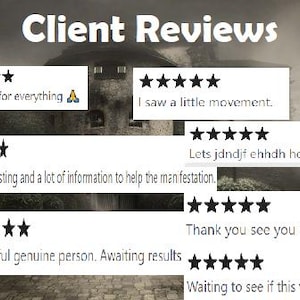 May include: A collection of five-star reviews for a service that helps with manifestation. The reviews include phrases like "Thank you for everything", "I saw a little movement", "Fast spell casting and a lot of information to help the manifestation", "Wonderful genuine person. Awaiting results", and "Waiting to see if this will work".