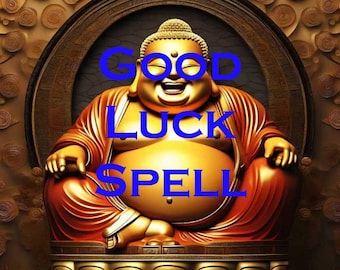 May include: A golden statue of a laughing Buddha with the words "GOOD LUCK SPELL" written in blue letters across the front.