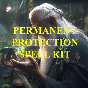 May include: A wizard with a long white beard holds a glowing green plant. The image has the text "PERMANENT PROTECTION SPELL KIT" in yellow. The wizard wears a gray robe in a forest setting.