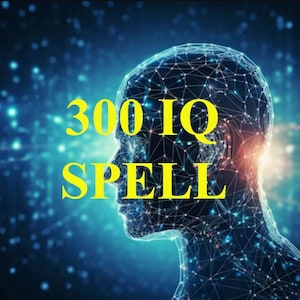 Pode incluir: Uma ilustração digital de uma cabeça com um padrão geométrico azul e preto. O texto "300 IQ SPELL" está em letras amarelas.