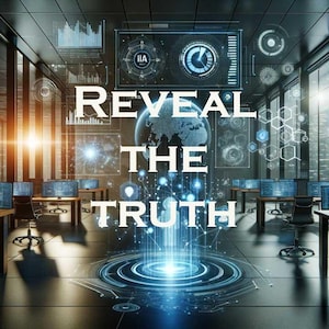 May include: A futuristic office setting with a glowing blue orb in the center. The orb has a globe-like design and the words "REVEAL THE TRUTH" are superimposed on it. The office has rows of computer monitors and desks.