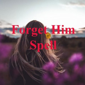 Puede incluir: Una mujer con el pelo largo y castaño se encuentra en un campo de flores moradas. El texto "Forget Him Spell" está escrito en letras rojas sobre su cabeza.