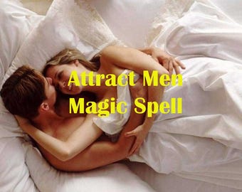 Op de afbeelding: Een stel in bed samen, met de tekst "Attract Men Magic Spell" eroverheen.