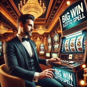 May include: A man in a tuxedo sits in front of a slot machine with the words "Big Win Lotto Spell" on it. The slot machine has three spinning wheels with dollar signs on them.