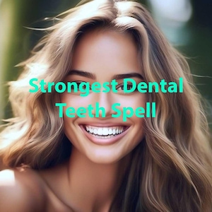 May include: A woman with long, wavy, light brown hair smiles broadly, showing off her white teeth. The text "Strongest Dental Teeth Spell" is superimposed over the image in a turquoise colour.