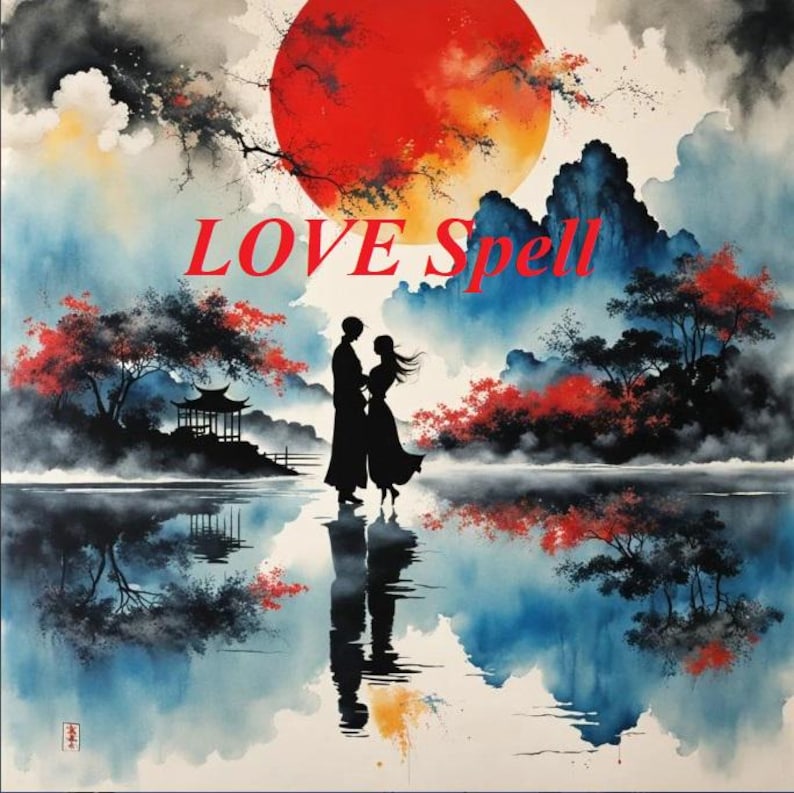 K&ouml;nnte beinhalten: Ein Aquarellbild eines Paares, das vor einem roten Mond und einem See steht. Der Text "LOVE Spell" ist in roten Buchstaben &uuml;ber dem Paar geschrieben.