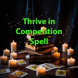 May include: A stack of old, leather-bound books with gold accents sits on a wooden table surrounded by lit candles and tarot cards. The text "Thrive in Competition Spell" is written in green letters above the books.