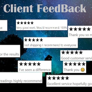 May include: A collage of customer reviews with five-star ratings and positive comments. The reviews highlight fast shipping, great customer service, and excellent results. The background is a starry night sky.