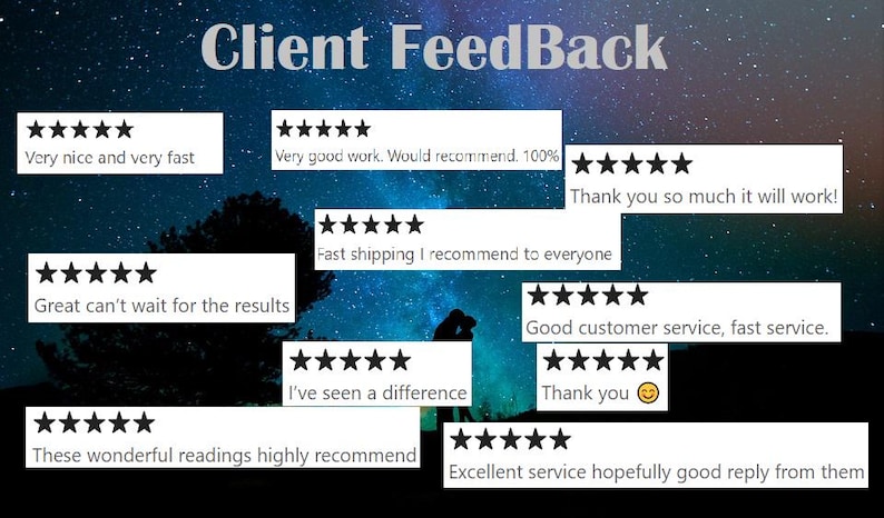 May include: A collage of customer reviews with five-star ratings and positive comments. The reviews highlight fast shipping, great customer service, and excellent results. The background is a starry night sky.