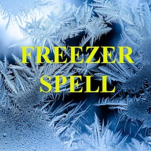 May include: A frosty window pane with a blue and white colour palette. The words "FREEZER SPELL" are written in yellow across the image.