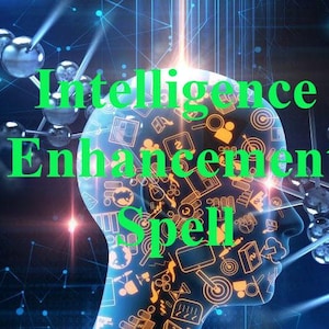 May include: A digital illustration of a human head with a glowing brain. The brain is filled with icons and symbols. The text "Intelligence Enhancement Spell" is written in green letters above the head.