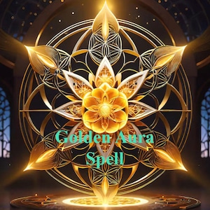 May include: A golden, ornate mandala design with a central flower-like element and intricate geometric patterns. The text "Golden Aura Spell" is displayed in teal. The artwork has a spiritual or mystical theme.