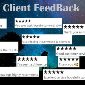 May include: A collage of customer reviews with five-star ratings and positive comments. The reviews highlight fast shipping, great customer service, and excellent results. The background is a starry night sky.