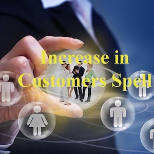 May include: A hand holding a sphere with the text "Increase in Customers Spell" and several smaller spheres with stick figures inside. The background is a blue gradient.