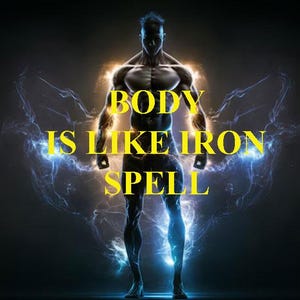 Puede incluir: Una figura musculosa se encuentra de pie sobre un fondo oscuro con efectos de rayos azules y blancos. El texto "BODY IS LIKE IRON SPELL" está escrito en letras amarillas.