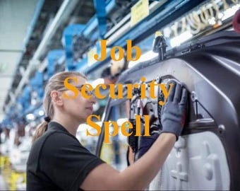 Könnte beinhalten: Eine Frau arbeitet an einem Automontageband in einer Fabrik. Der Text "Job Security Spell" ist über das Bild gelegt.
