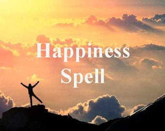 Puede incluir: Una silueta de una persona con los brazos en alto de pie en la cima de una montaña sobre un fondo de cielo de puesta de sol colorido con el texto "Happiness Spell" superpuesto en la imagen.