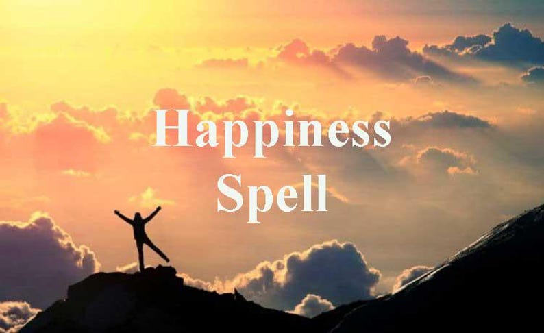 May include: A silhouette of a person with arms raised in the air standing on a mountaintop against a backdrop of a colorful sunset sky with the text "Happiness Spell" superimposed on the image.