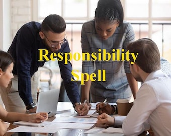 May include: Four people are gathered around a table, working on a project. The table is covered in papers and documents. The text "Responsibility Spell" is written in yellow letters on the table.