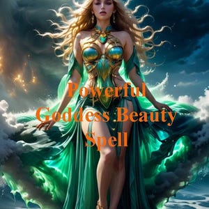 May include: A woman wearing a gold crown and a green and gold dress stands in front of a blue and white cloudy sky. The text "Powerful Goddess Beauty Spell" is written in orange letters on the image.