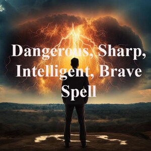 Op de afbeelding: Een silhouet van een persoon die voor een stormachtige lucht met bliksem staat. De tekst "Dangerous, Sharp, Intelligent, Brave Spell" is in witte letters geschreven.