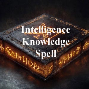 Könnte beinhalten: Ein dunkelbraunes, ledergebundenes Buch mit goldenen Lettern und einer leuchtenden Inschrift, die "Intelligence Knowledge Spell" lautet.