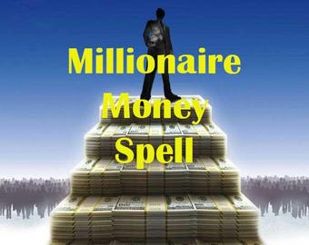 Könnte beinhalten: Eine Silhouette einer Person, die auf einem Stapel Geld steht. Der Text "Millionaire Money Spell" ist in gelben Buchstaben geschrieben.