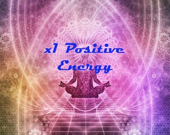 May include: A silhouette of a person sitting in a meditative pose with the text "x1 Positive Energy" in blue letters against a colorful background of pink, purple, and yellow.