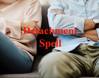 May include: A couple sitting on a couch with their arms crossed, looking away from each other. The text "Detachment Spell" is superimposed on the image.
