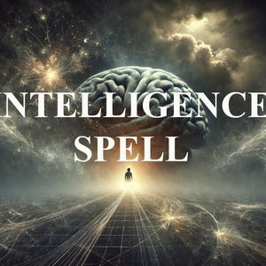 Może przedstawiać: Stylizowane zdjęcie mózgu z napisem "Intelligence Spell" w białym kolorze na ciemnym tle z jasnym światłem i postacią stojącą w oddali.
