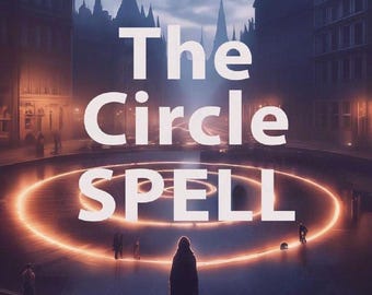 Könnte beinhalten: Ein leuchtend orangefarbener Kreiszauber in einer Stadtkulisse mit einer Person in einer Kapuze, die in der Mitte steht. Der Text "The Circle Spell" steht über dem Kreis.