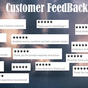 May include: A collage of customer reviews with five-star ratings and positive comments. The reviews highlight excellent service, fast delivery, accurate answers, and a kind and helpful experience.