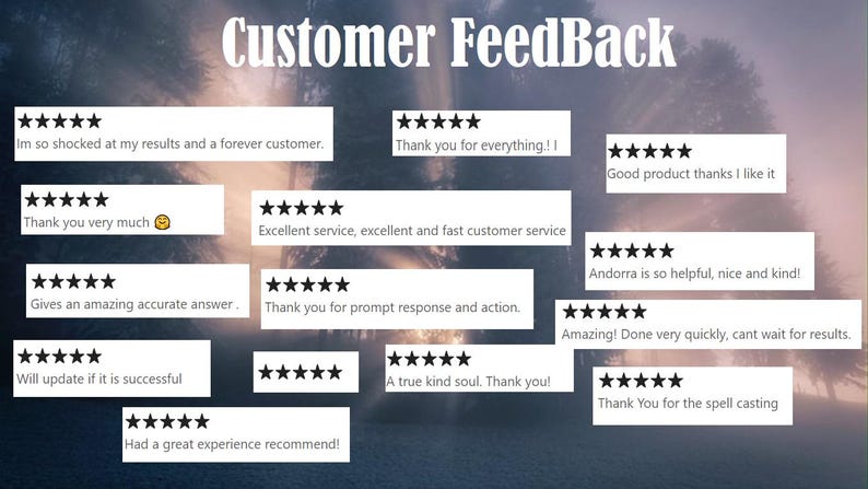 May include: A collage of customer reviews with five-star ratings and positive comments. The reviews highlight excellent service, fast delivery, accurate answers, and a kind and helpful experience.