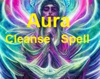 Puede incluir: Una ilustración digital de una persona con un aura colorida, rodeada de luz. El texto "Aura Cleanse Spell" está escrito en letras amarillas.