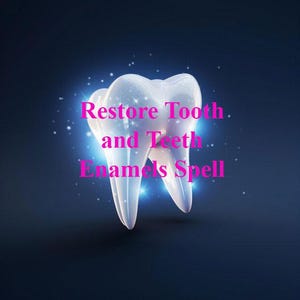 Puede incluir: Imagen estilizada de un diente brillante con el texto rosa "Restore Tooth. and Teeth.. Enamels Spell". El diente es blanco con reflejos azules y un fondo azul oscuro con pequeñas chispas blancas.