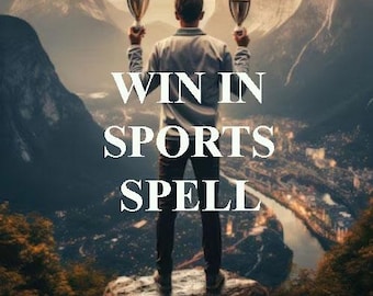 May include: A person standing on a rock holding two trophies with a sunset in the background. The text "WIN IN SPORTS SPELL" is written in white letters on the image.