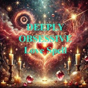 Può includere: Un'illustrazione digitale di un cuore rosso con luce incandescente circondato da candele e stelle. Il testo "DEEPLY OBSESSIVE Love Spell" è scritto in lettere turchesi.