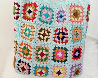 Mint Granny Square Crochet Tote Bag: Handmade Cotton Shoulder Bag