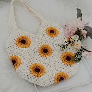 Handmade Sunflower Granny Square Crochet Bag: Cotton Acrylic Tote, Gift for new year